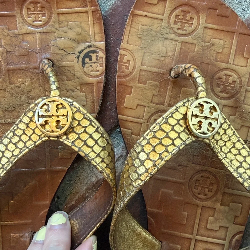 Tory Burch Thora Metallic Gold Snake print Leather Sandals